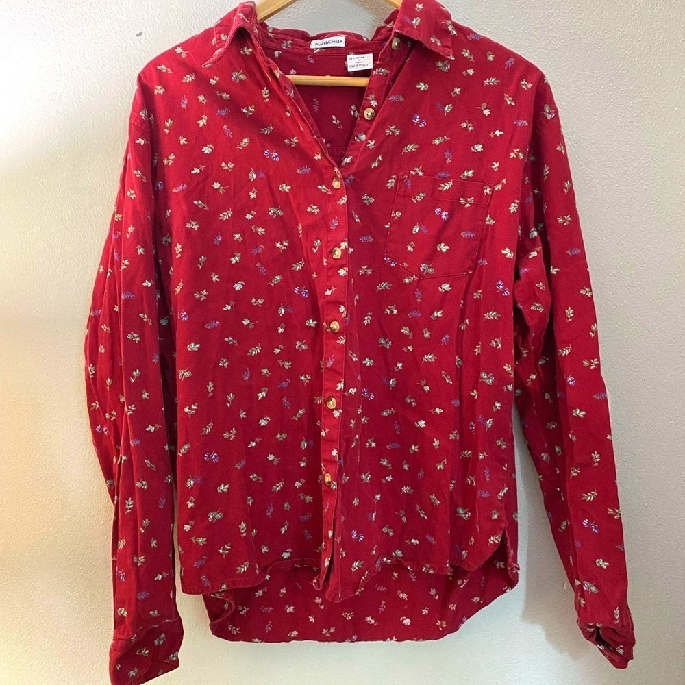 Vintage‎ Red Floral Button Up Shirt Large Prairie Boho Cottage Heritage Cozy